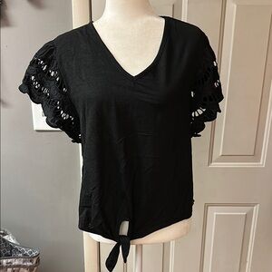 Maurices Black V-Neck Blouse with Crochet Sleeves